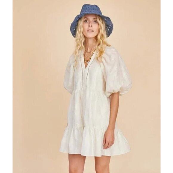 HUNTER BELL Sz L Large Gaille Cream Short Puff Sleeve Jacquard Dress - Picture 12 of 12